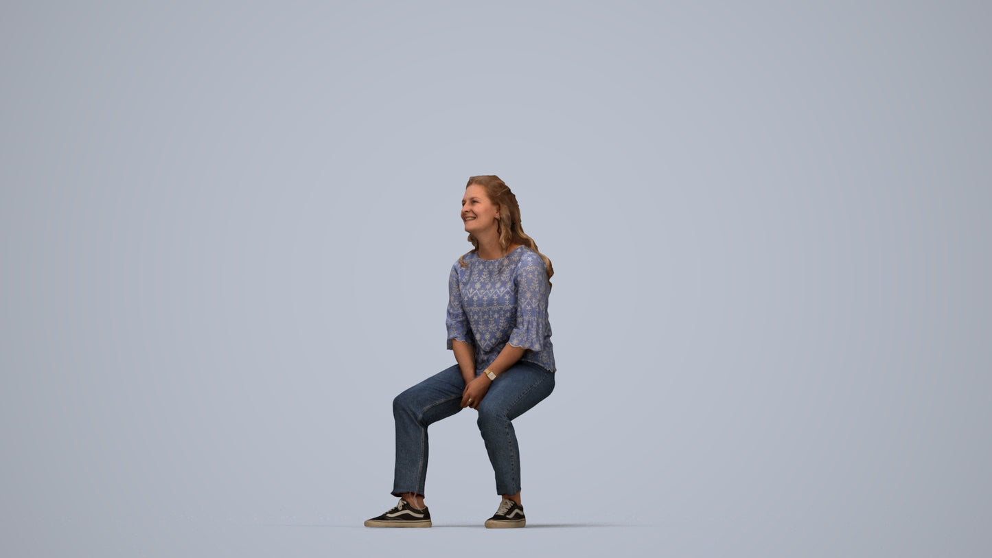 3D people model woman casual sitting, scanned human for 3ds Max rendering, top-down view render
