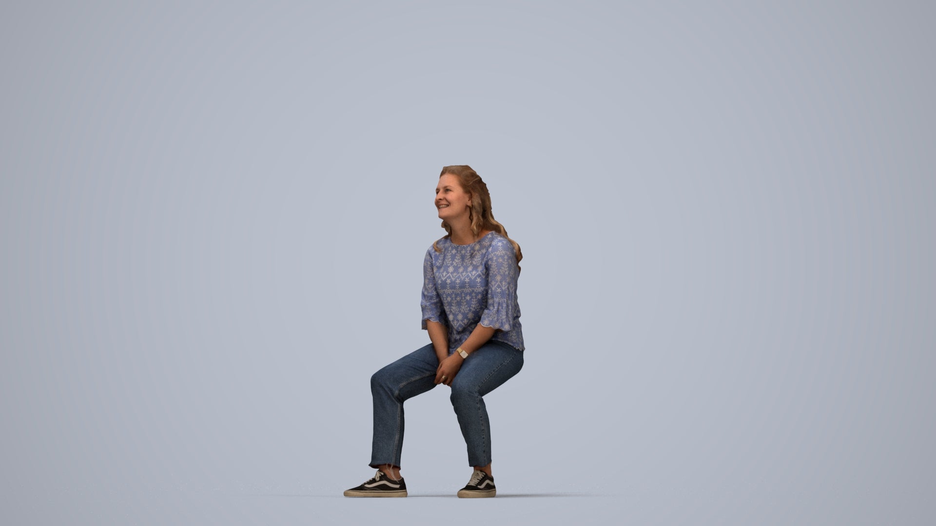 3D people model woman casual sitting, scanned human for 3ds Max rendering, top-down view render