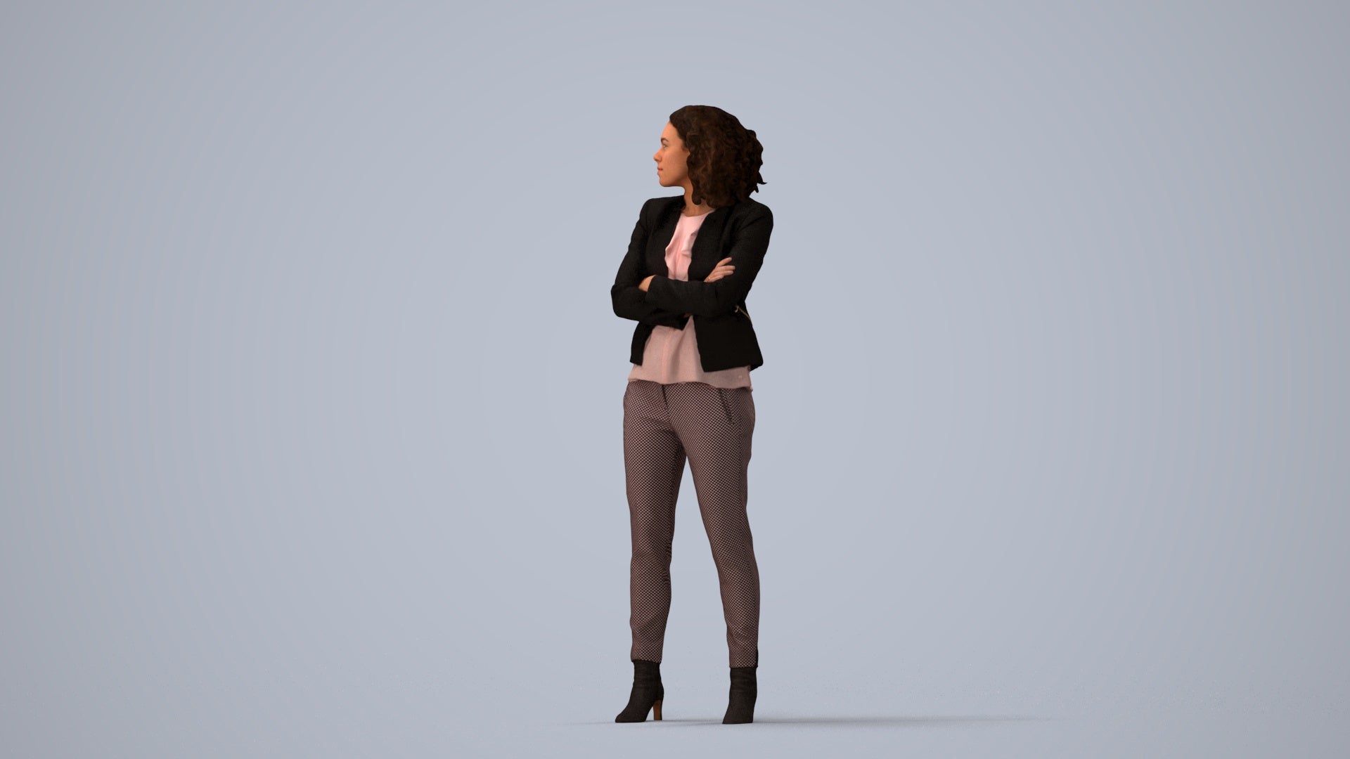 scanned 3D woman business standing, photogrammetry people for Enscape and V-Ray, three-quarter view render