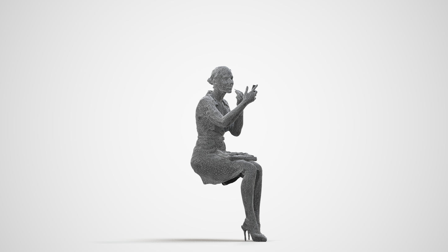 3D human model woman casual sitting, photogrammetry scanned person for archviz, wireframe side view