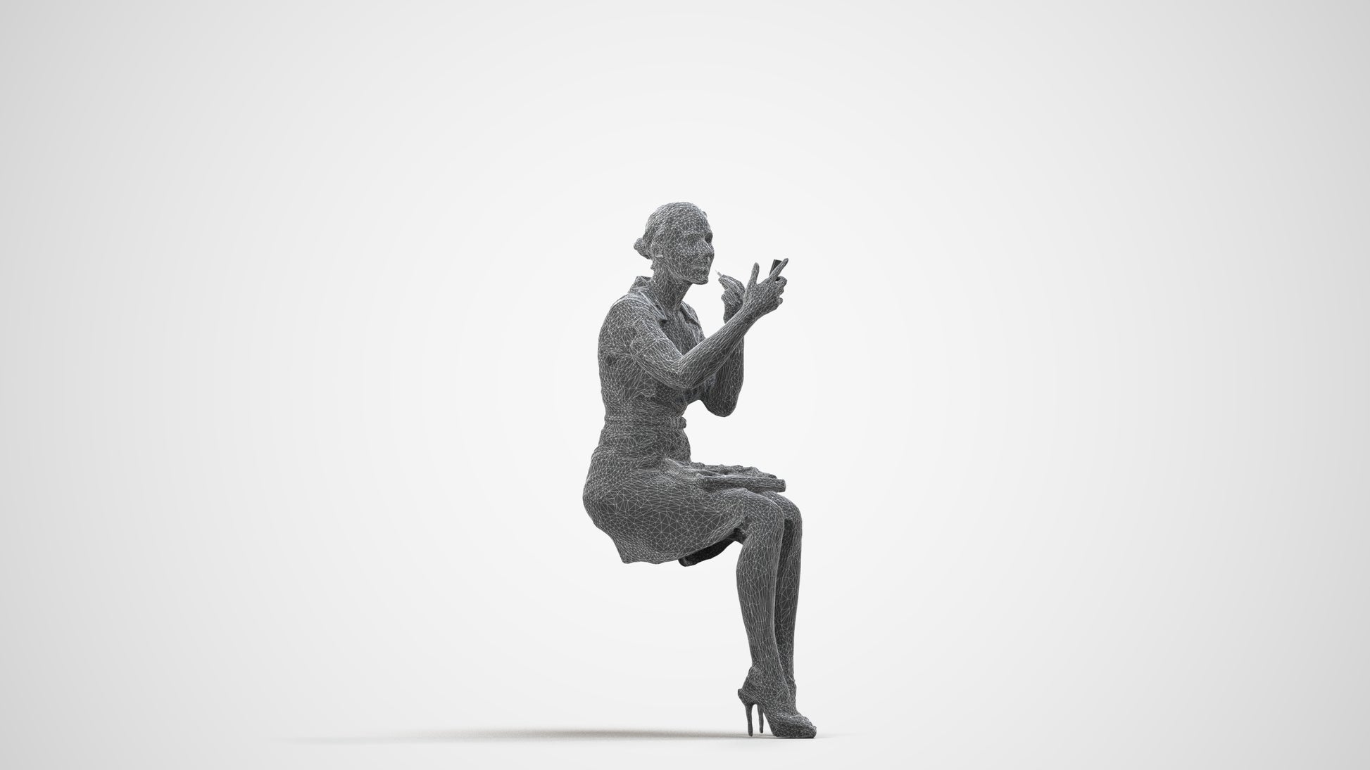 3D human model woman casual sitting, photogrammetry scanned person for archviz, wireframe side view