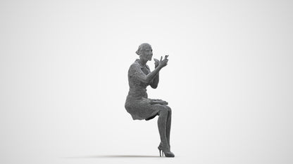 3D human model woman casual sitting, photogrammetry scanned person for archviz, wireframe side view