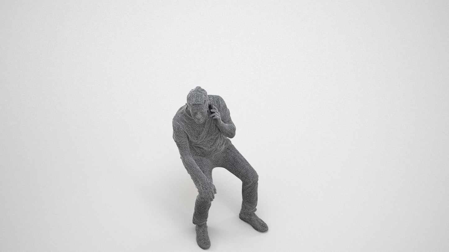 realistic 3D human senior man casual sitting, archviz people FBX OBJ for Blender, wireframe three-quarter view