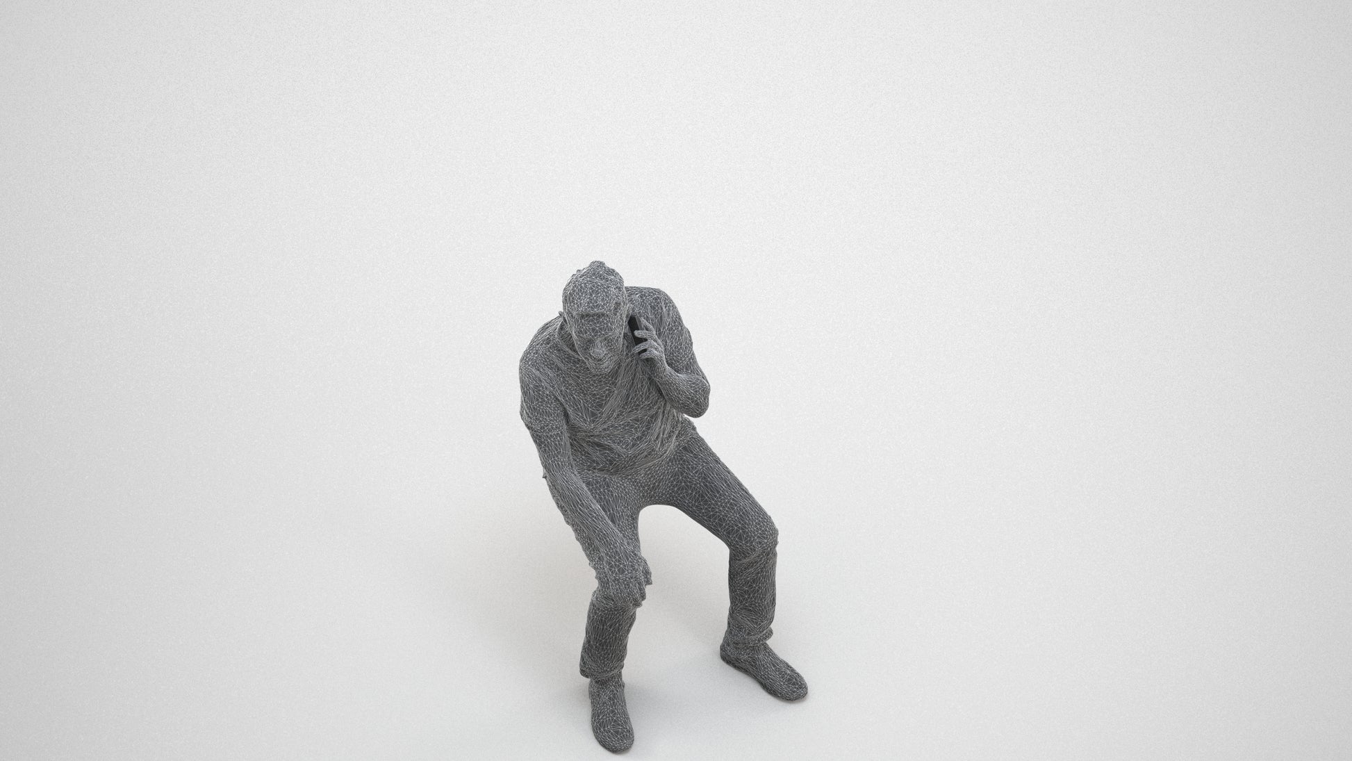 realistic 3D human senior man casual sitting, archviz people FBX OBJ for Blender, wireframe three-quarter view