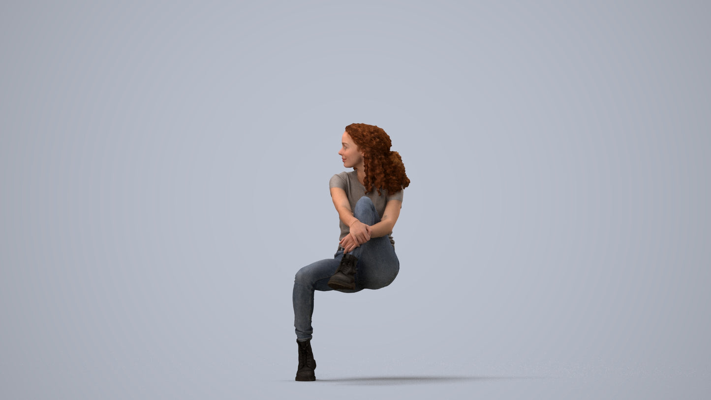 3D people model woman casual sitting, scanned human for 3ds Max rendering, three-quarter view render