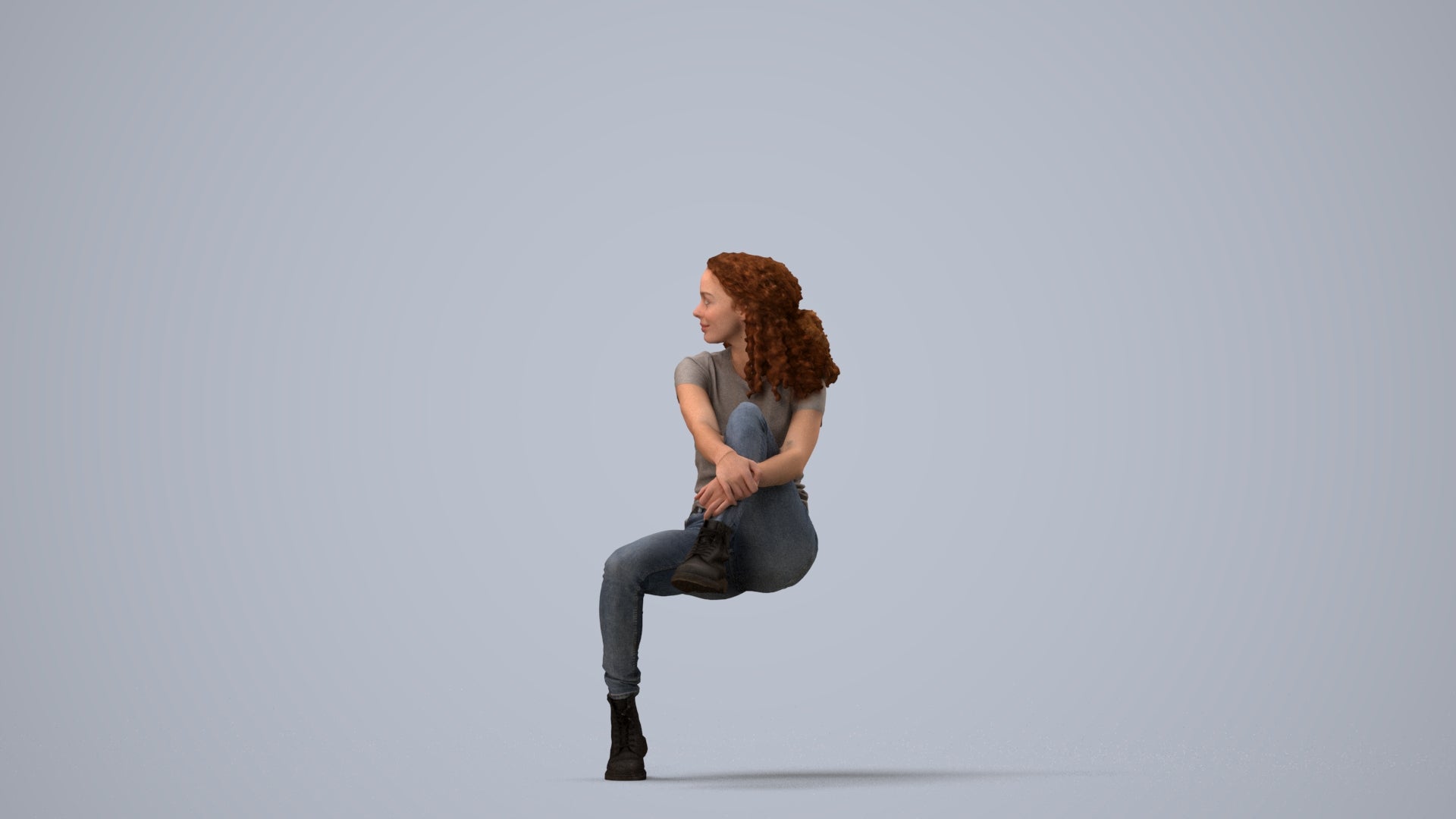 3D people model woman casual sitting, scanned human for 3ds Max rendering, three-quarter view render