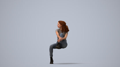 3D people model woman casual sitting, scanned human for 3ds Max rendering, three-quarter view render