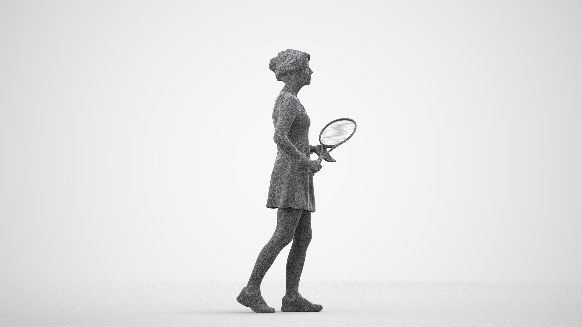 3D human model woman sport, photogrammetry scanned person for archviz, wireframe side view