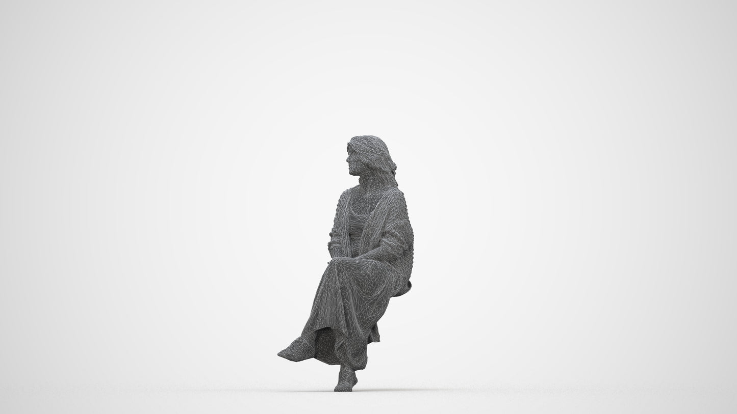 3D people model woman casual sitting, scanned human for 3ds Max rendering, wireframe back view