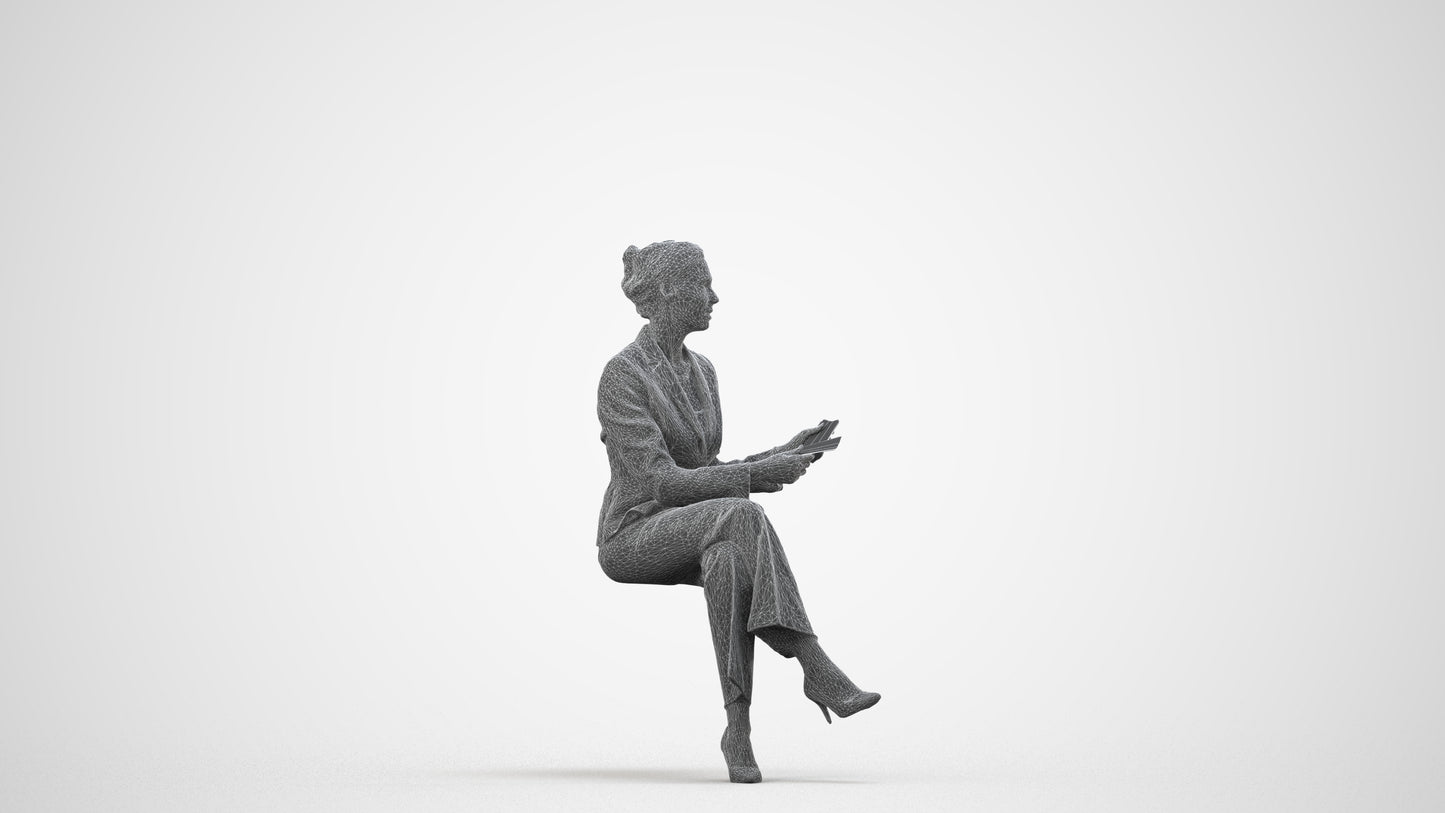 scanned 3D woman business sitting, photogrammetry people for Enscape and V-Ray, side view render