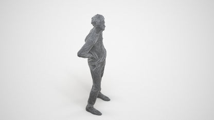 3D human model man casual standing, photogrammetry scanned person for archviz, wireframe three-quarter view