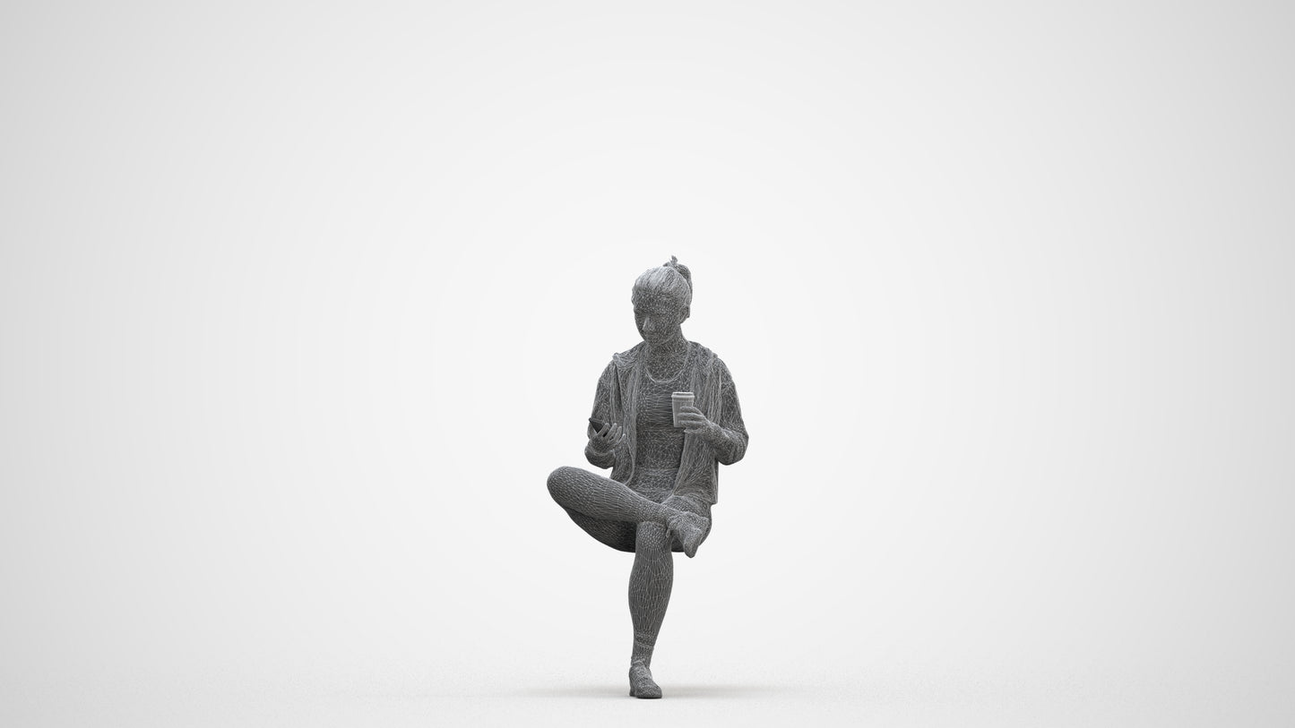 realistic 3D woman sport sitting, scanned archviz people for Blender and 3ds Max, three-quarter front view render