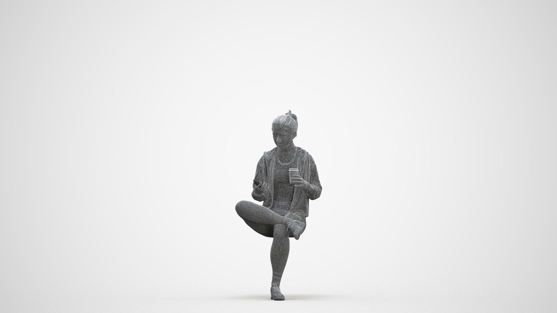 realistic 3D woman sport sitting, scanned archviz people for Blender and 3ds Max, three-quarter front view render