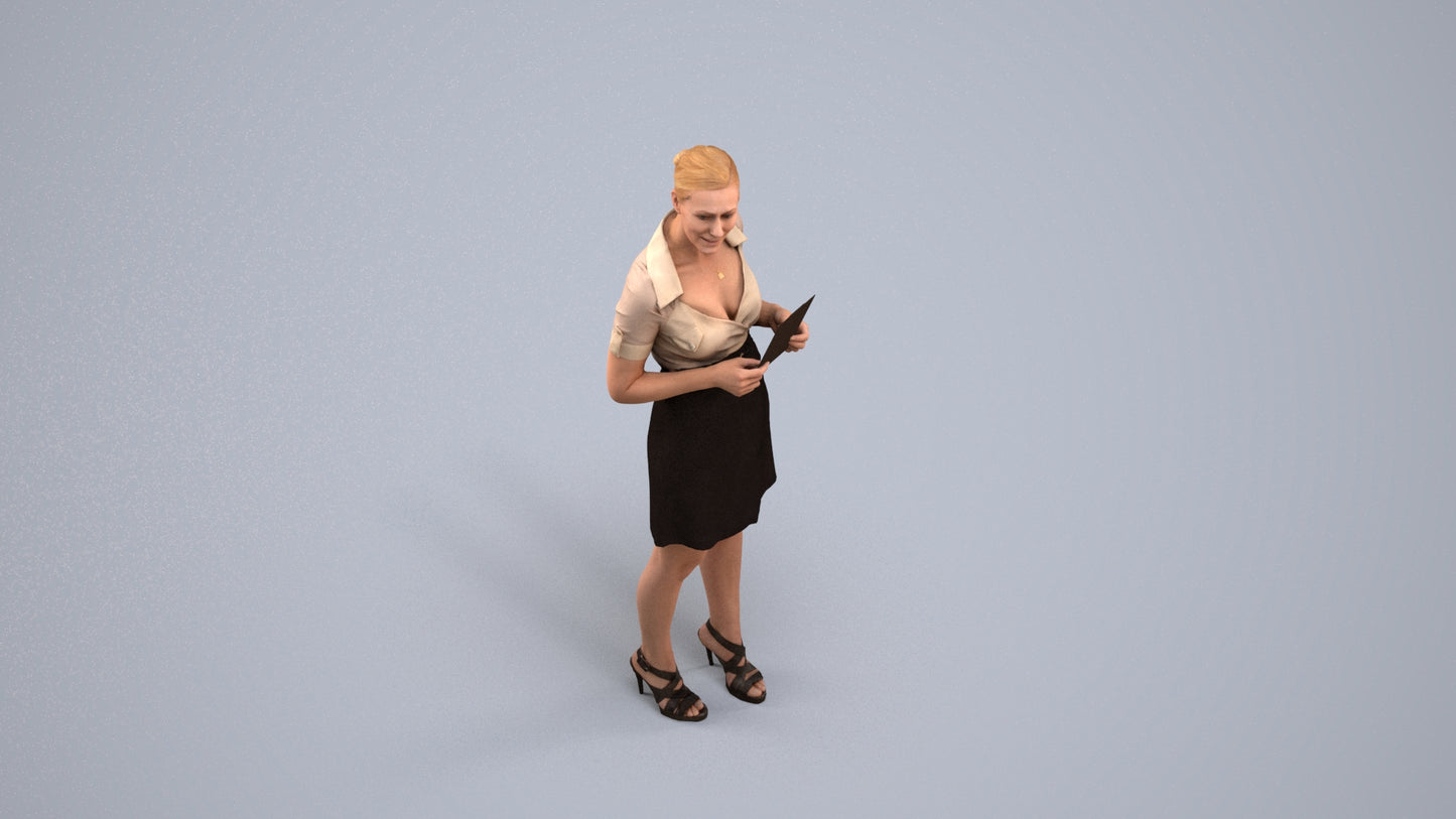 3D people model woman business standing, scanned human for 3ds Max rendering, back view render