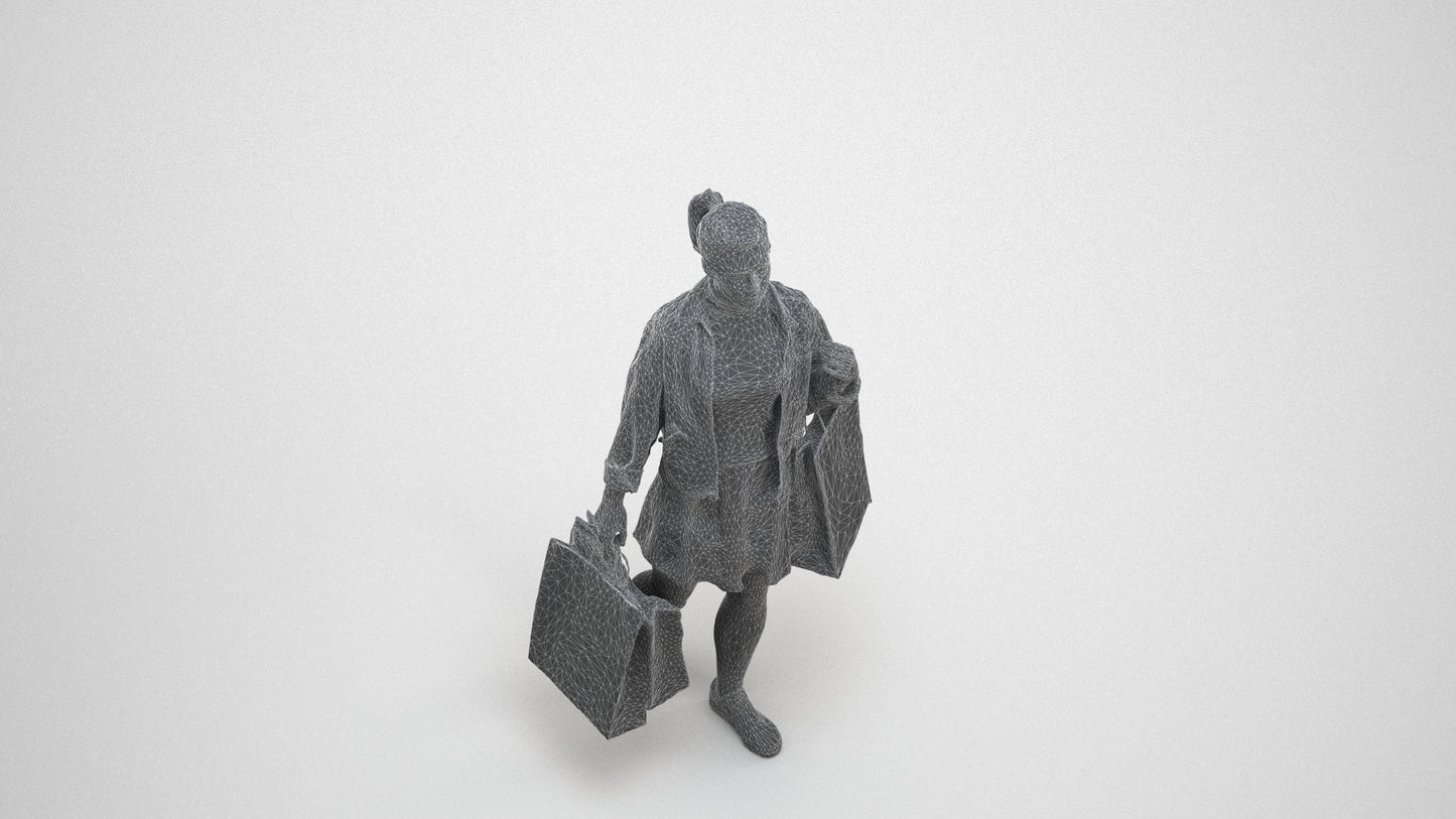 3D scanned woman shopping casual, photorealistic archviz people for Enscape and SketchUp, wireframe three-quarter view