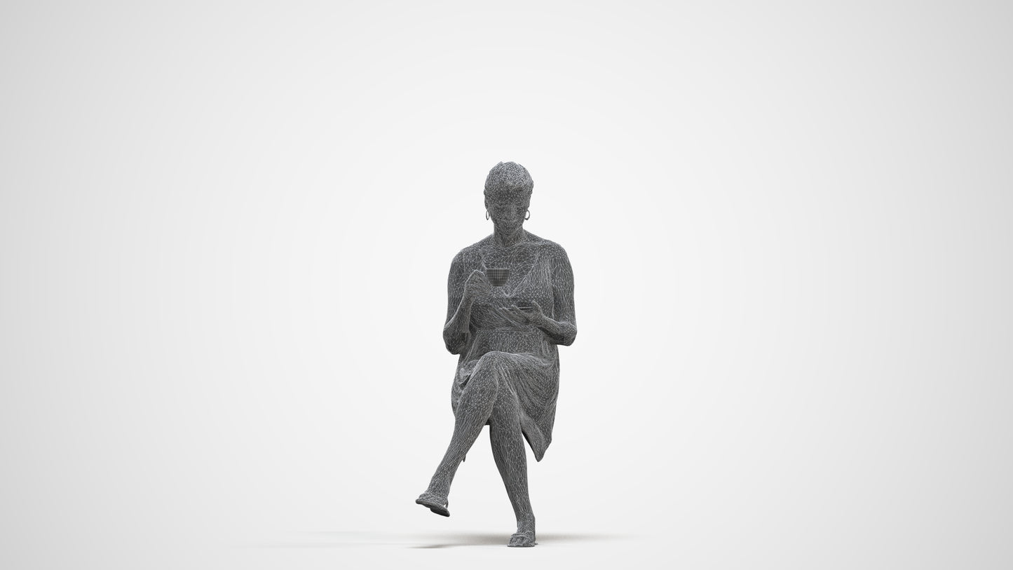 3D scanned woman sitting casual, photorealistic archviz people for Enscape and SketchUp, three-quarter front view render