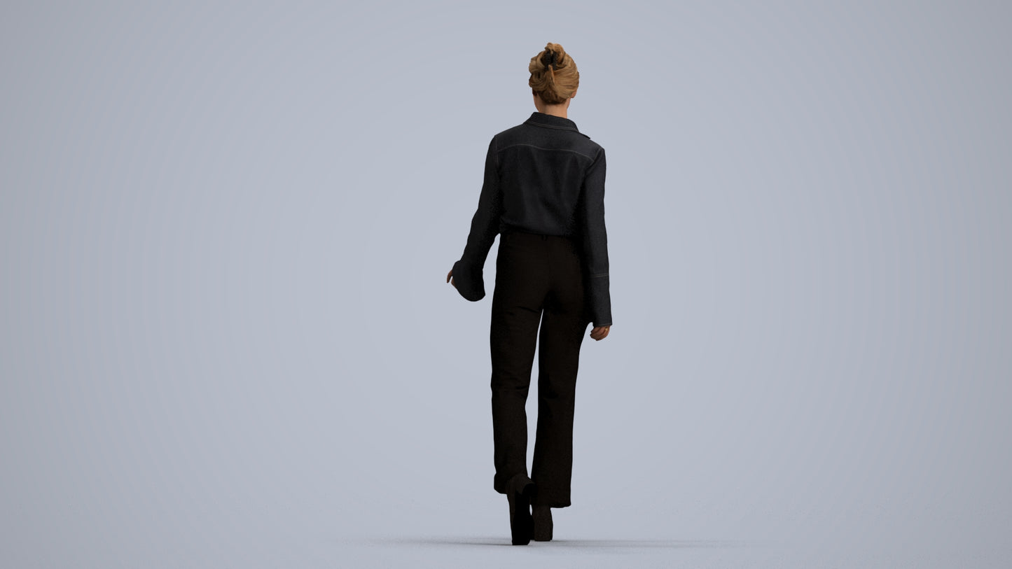 3D human model woman business walking, photogrammetry scanned person for archviz, front view render