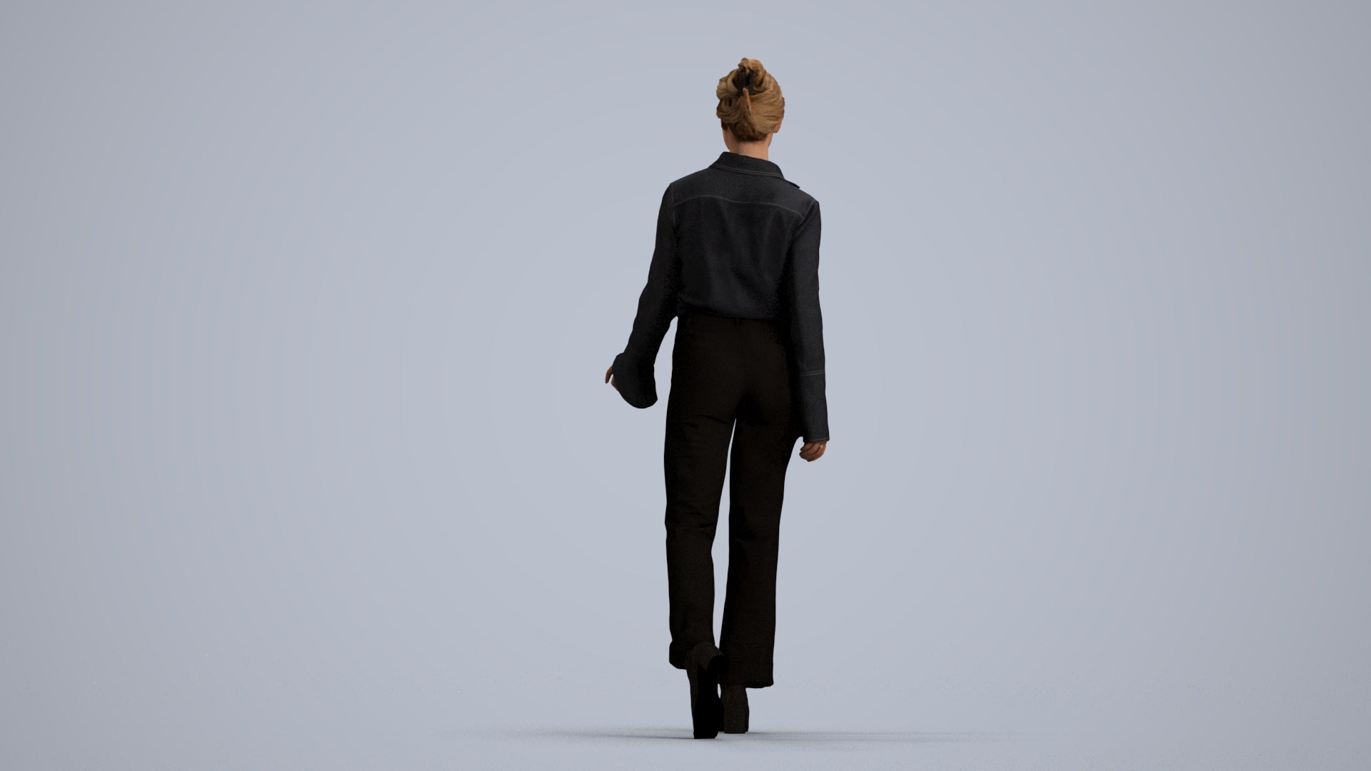 3D human model woman business walking, photogrammetry scanned person for archviz, front view render