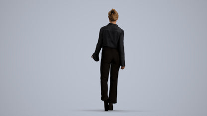 3D human model woman business walking, photogrammetry scanned person for archviz, front view render