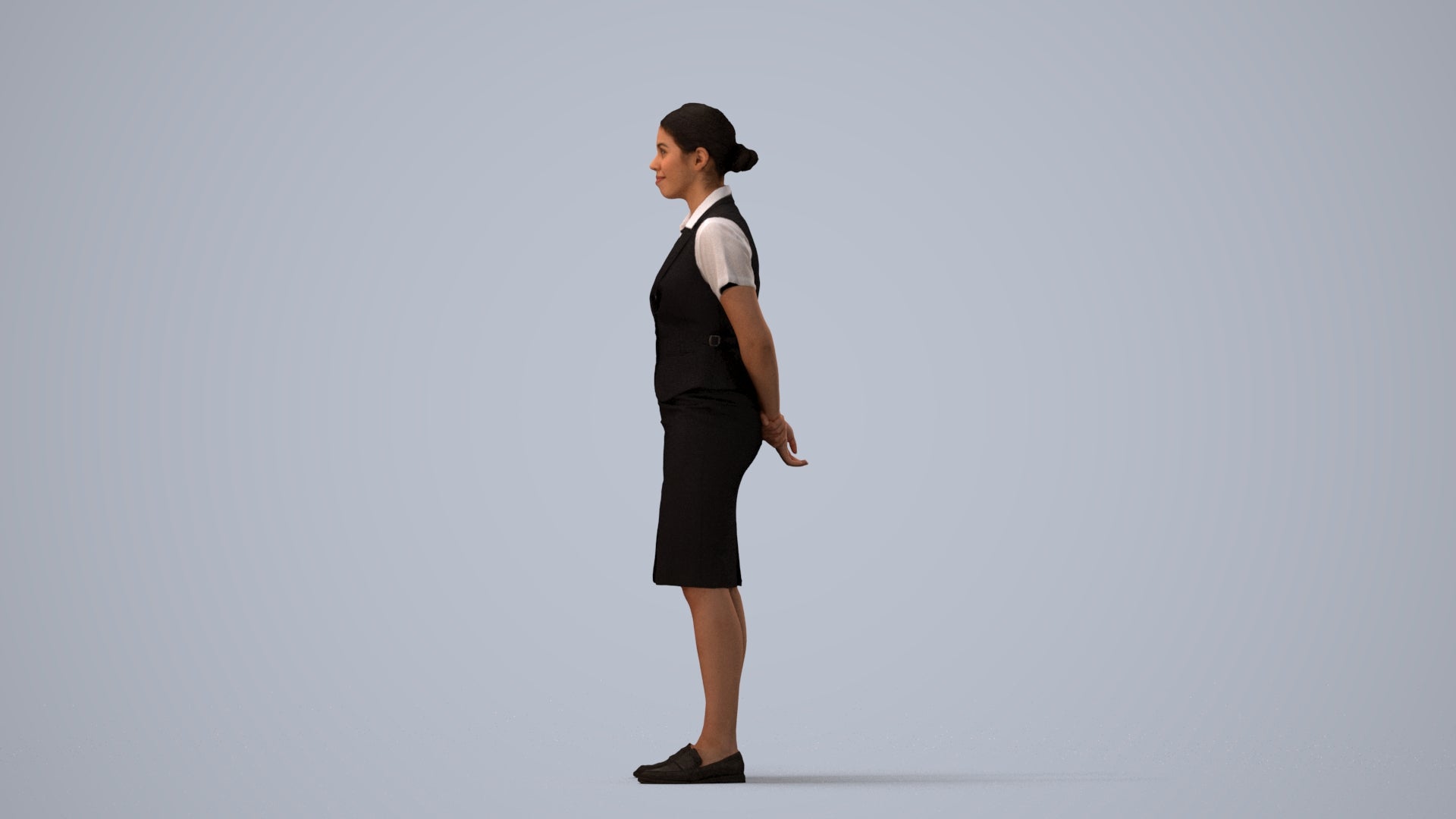 realistic 3D people woman hospitality, render-ready for V-Ray and Corona, FBX OBJ, three-quarter view render