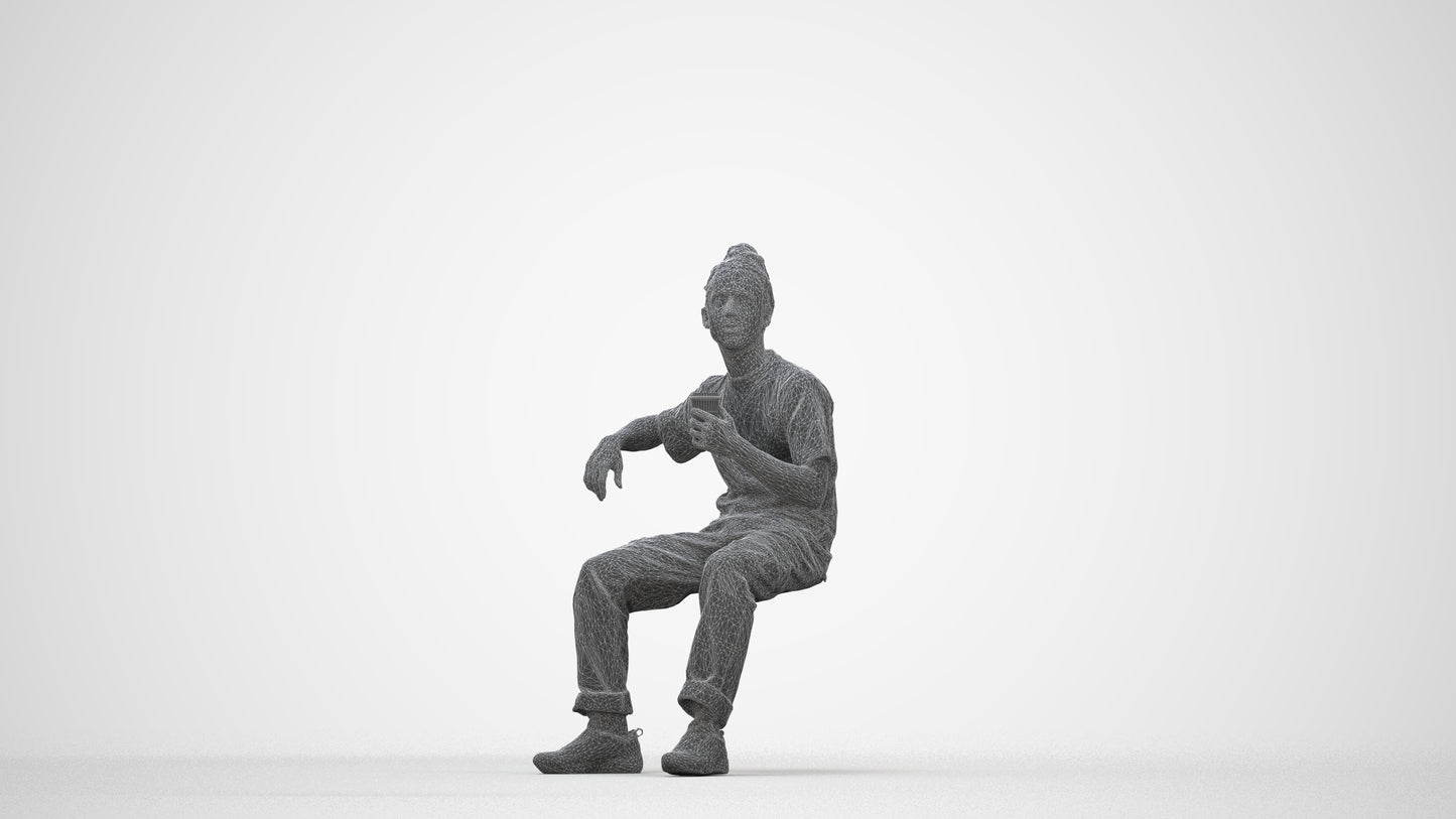 scanned 3D man casual sitting, photogrammetry people for Enscape and V-Ray, wireframe back view