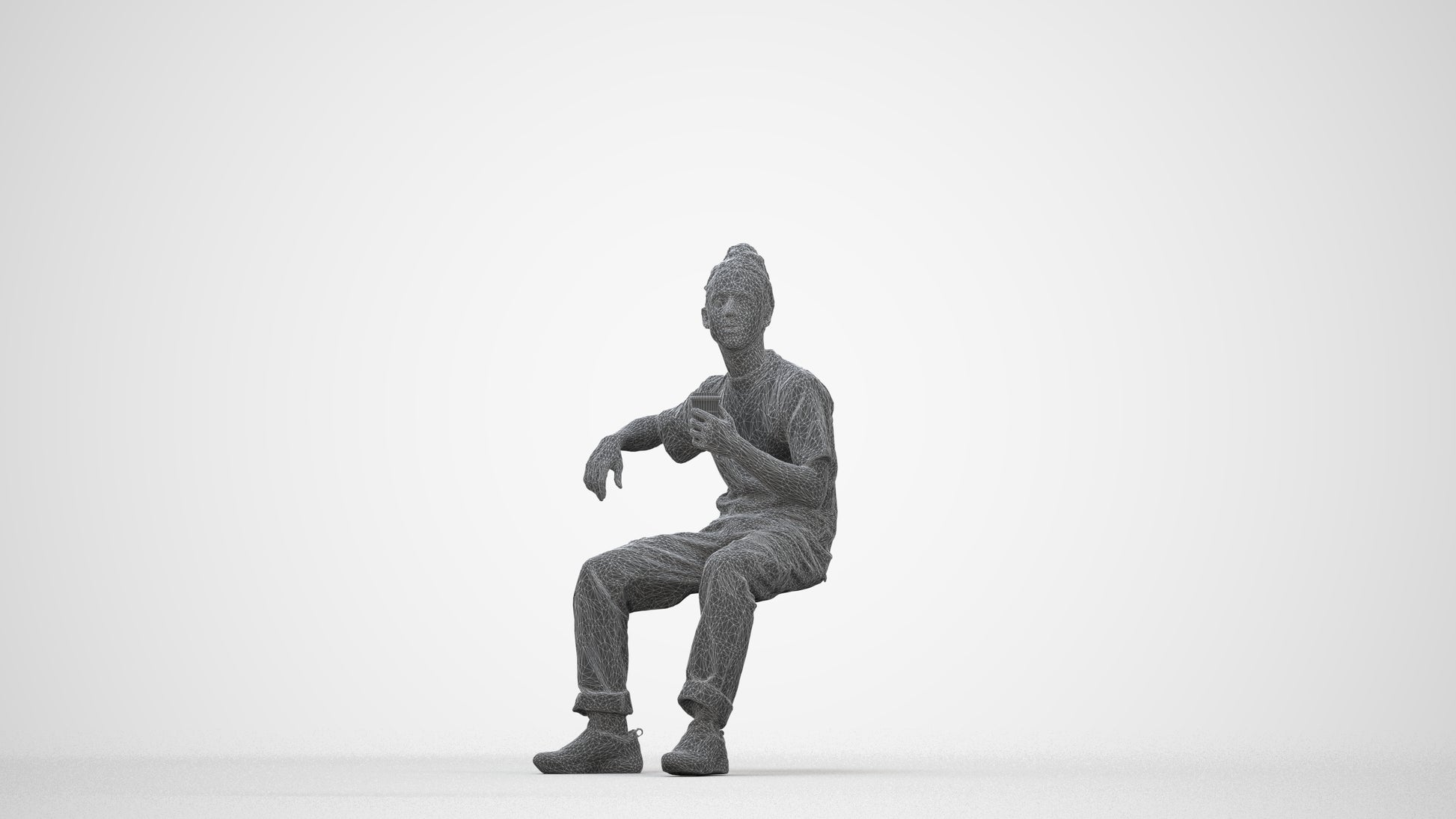 scanned 3D man casual sitting, photogrammetry people for Enscape and V-Ray, wireframe back view