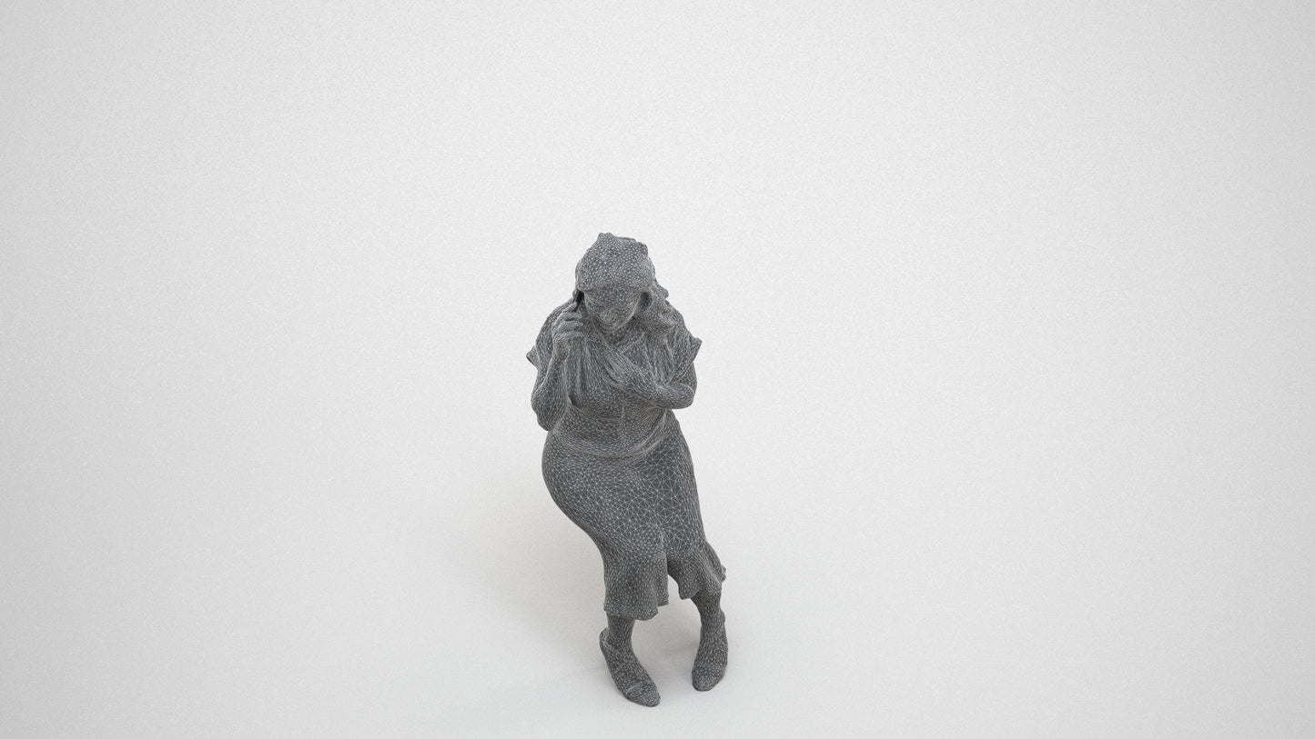 realistic 3D human woman casual sitting, archviz people FBX OBJ for Blender, wireframe three-quarter view