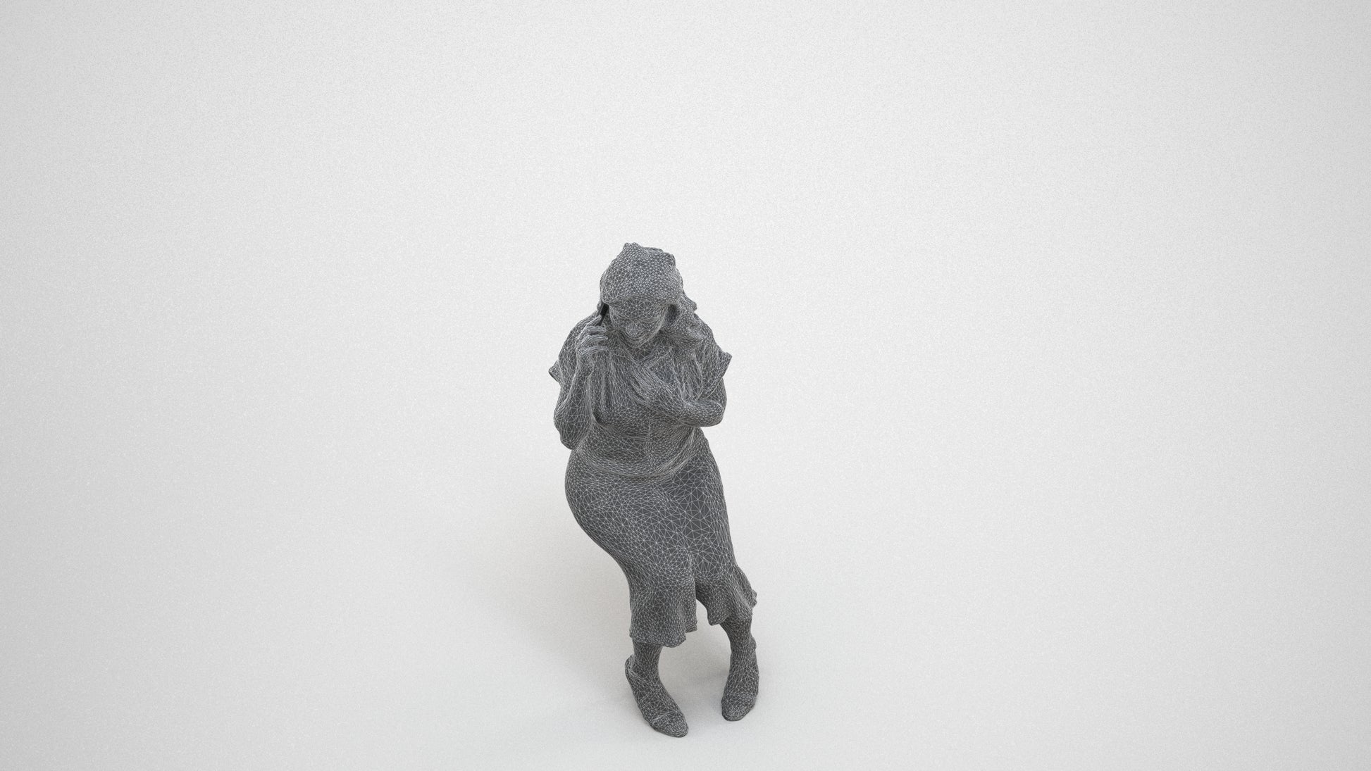 realistic 3D human woman casual sitting, archviz people FBX OBJ for Blender, wireframe three-quarter view