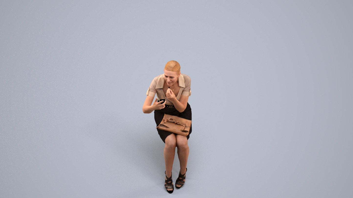 3D human model woman casual sitting, photogrammetry scanned person for archviz, back view render