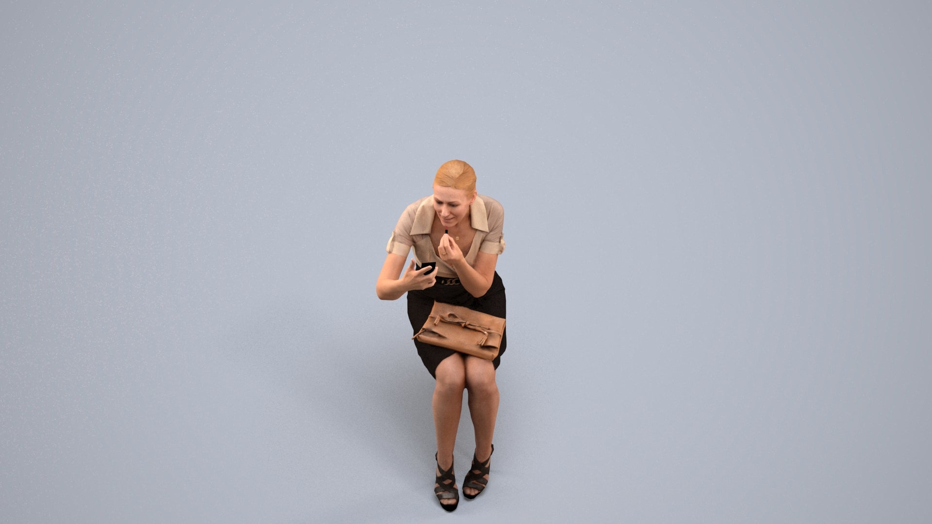 3D human model woman casual sitting, photogrammetry scanned person for archviz, back view render