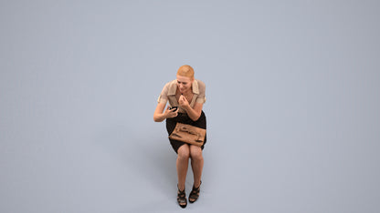3D human model woman casual sitting, photogrammetry scanned person for archviz, back view render