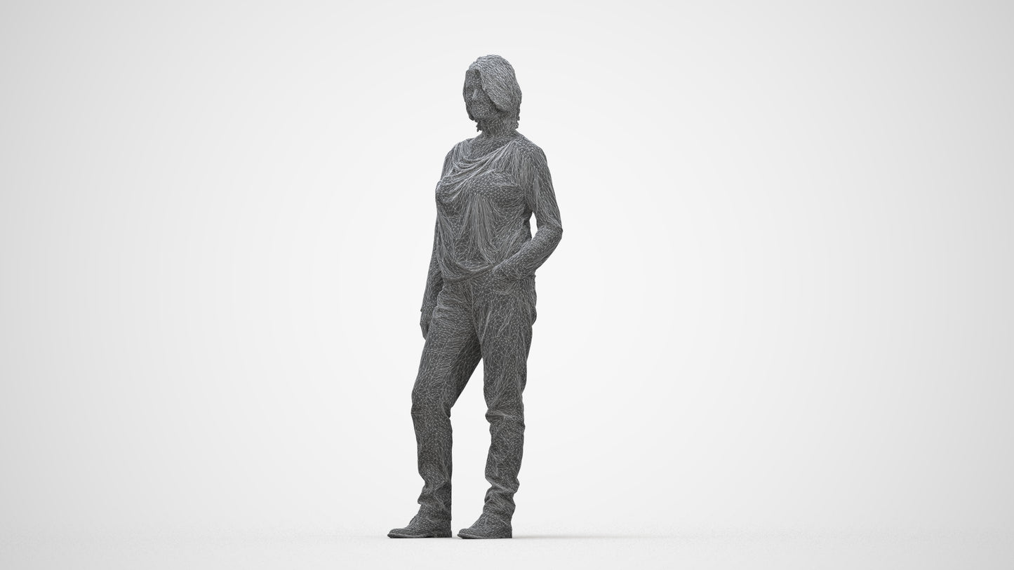 3D people model woman casual standing, scanned human for 3ds Max rendering, wireframe back view