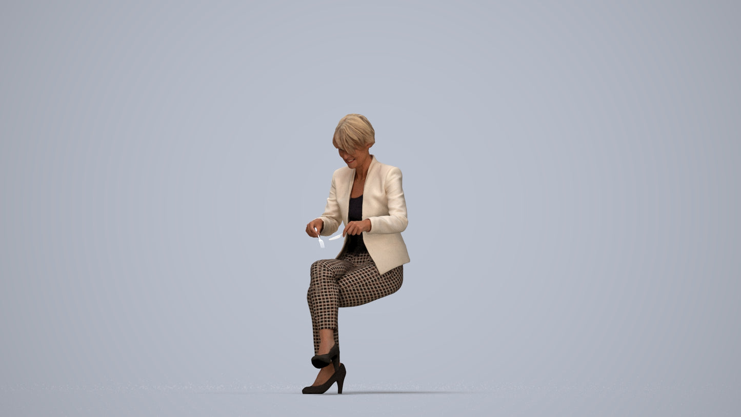 realistic 3D human senior woman business sitting, archviz people FBX OBJ for Blender, top-down view render