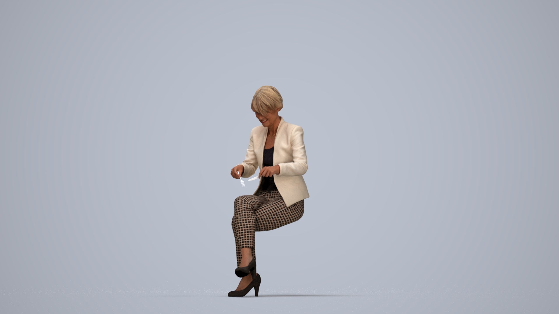 realistic 3D human senior woman business sitting, archviz people FBX OBJ for Blender, top-down view render