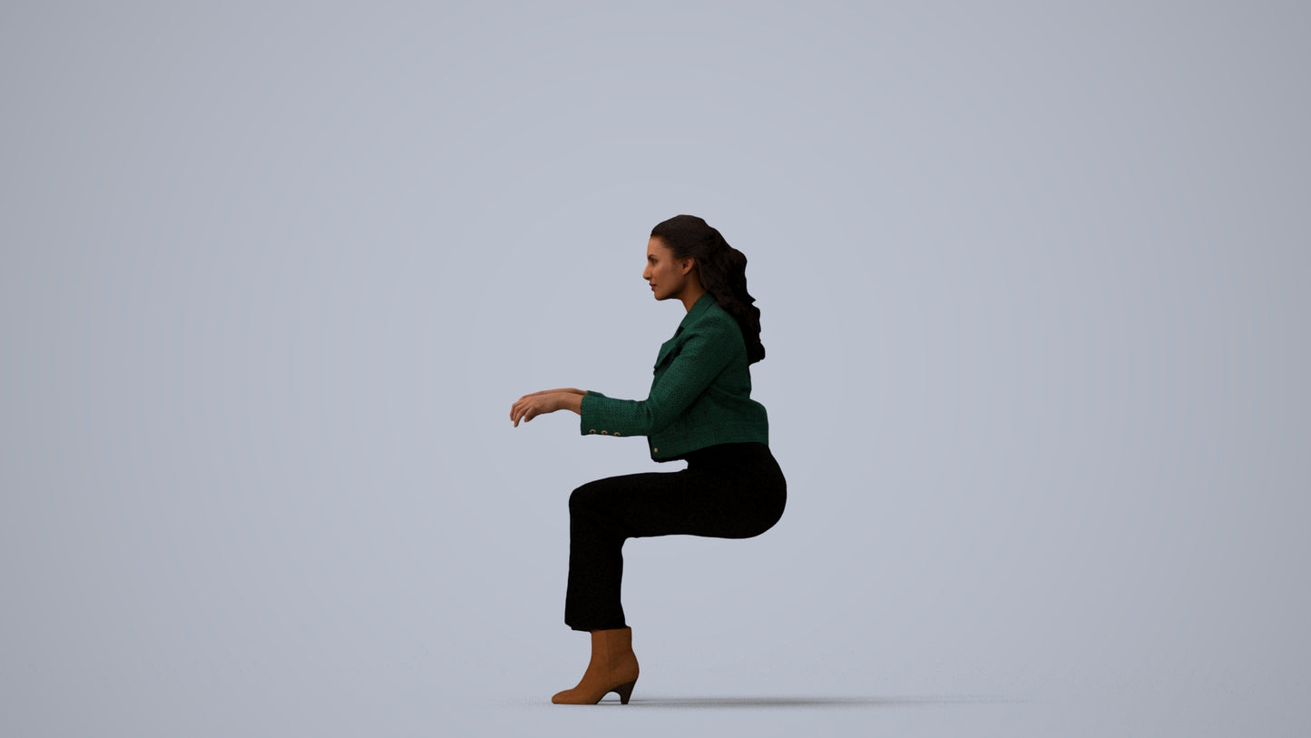 3D human model woman business sitting, photogrammetry scanned person for archviz, three-quarter view render