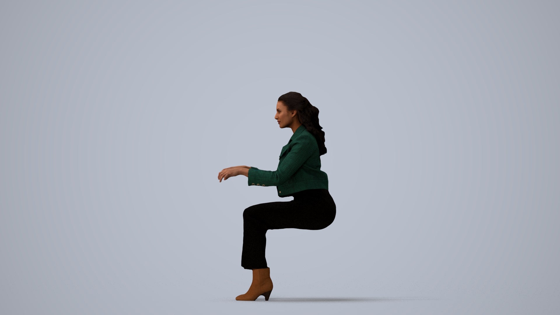3D human model woman business sitting, photogrammetry scanned person for archviz, three-quarter view render