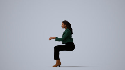 3D human model woman business sitting, photogrammetry scanned person for archviz, three-quarter view render