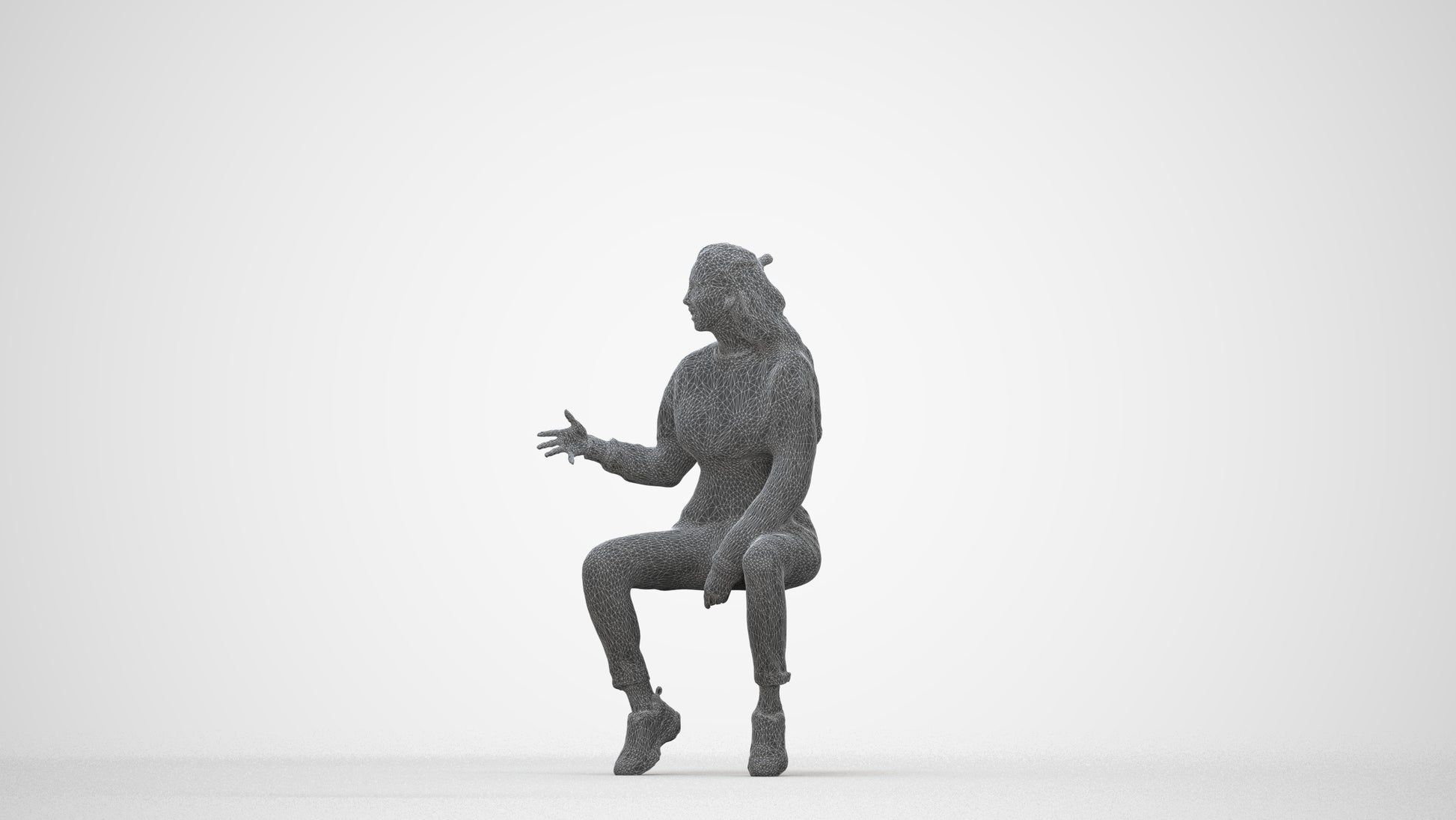 3D people model woman sport sitting, scanned human for 3ds Max rendering, wireframe back view