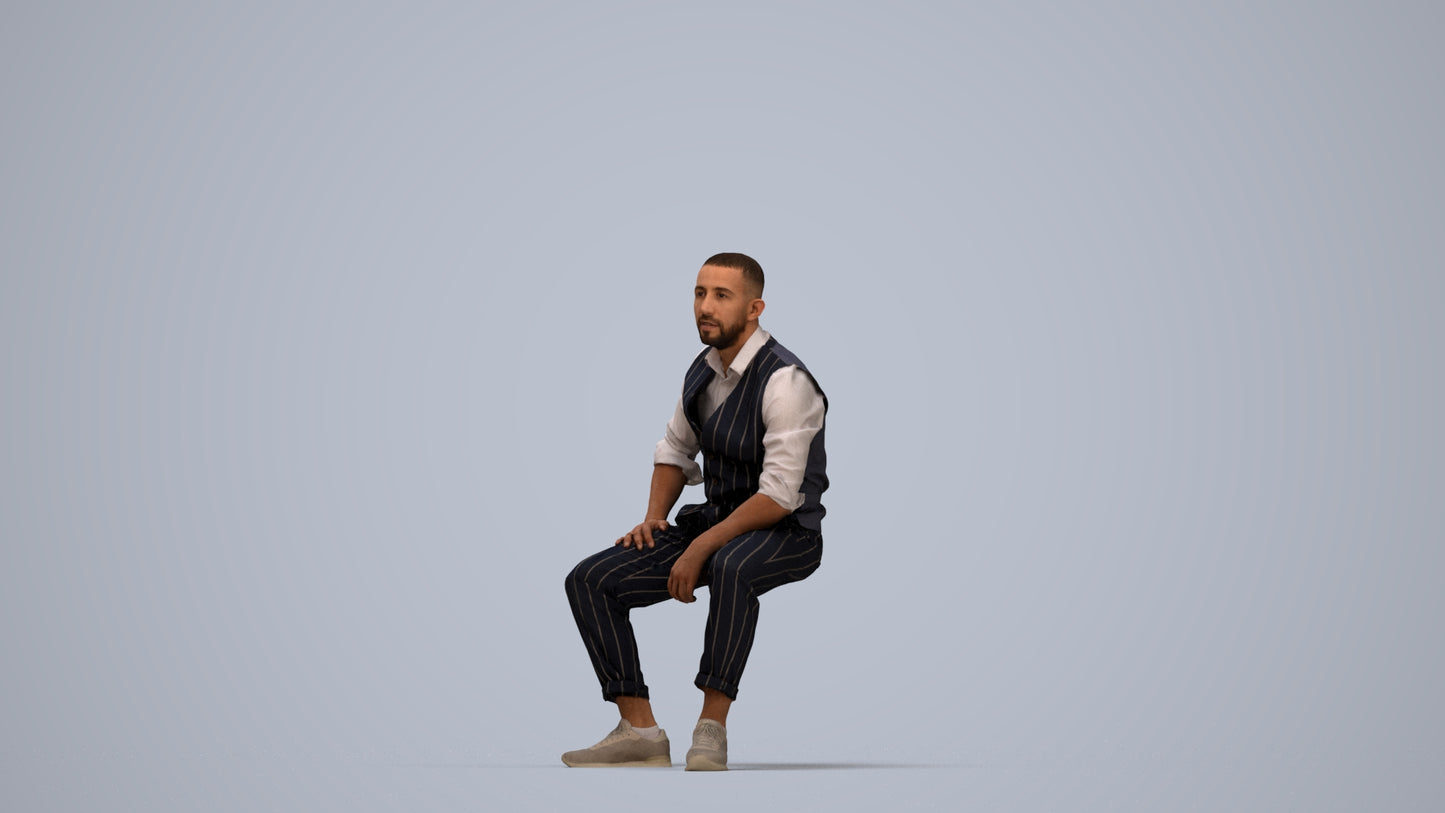 photogrammetry 3D man business sitting, realistic human model archviz FBX, top-down view render