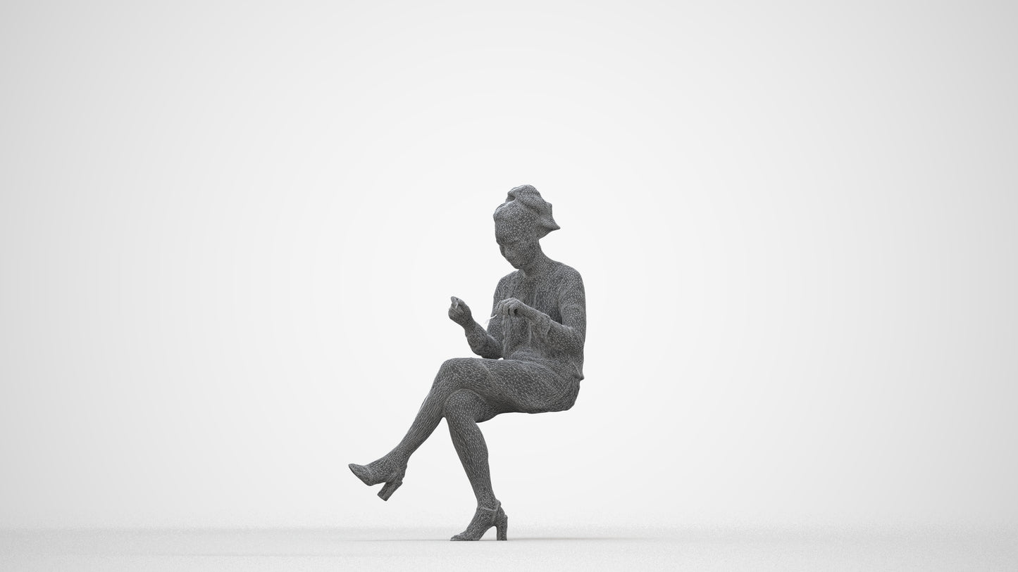 realistic 3D people woman casual sitting, render-ready for V-Ray and Corona, FBX OBJ, wireframe back view