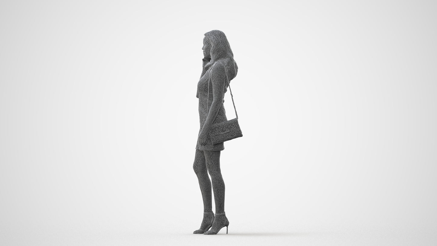 3D human model woman casual standing, photogrammetry scanned person for archviz, square thumbnail