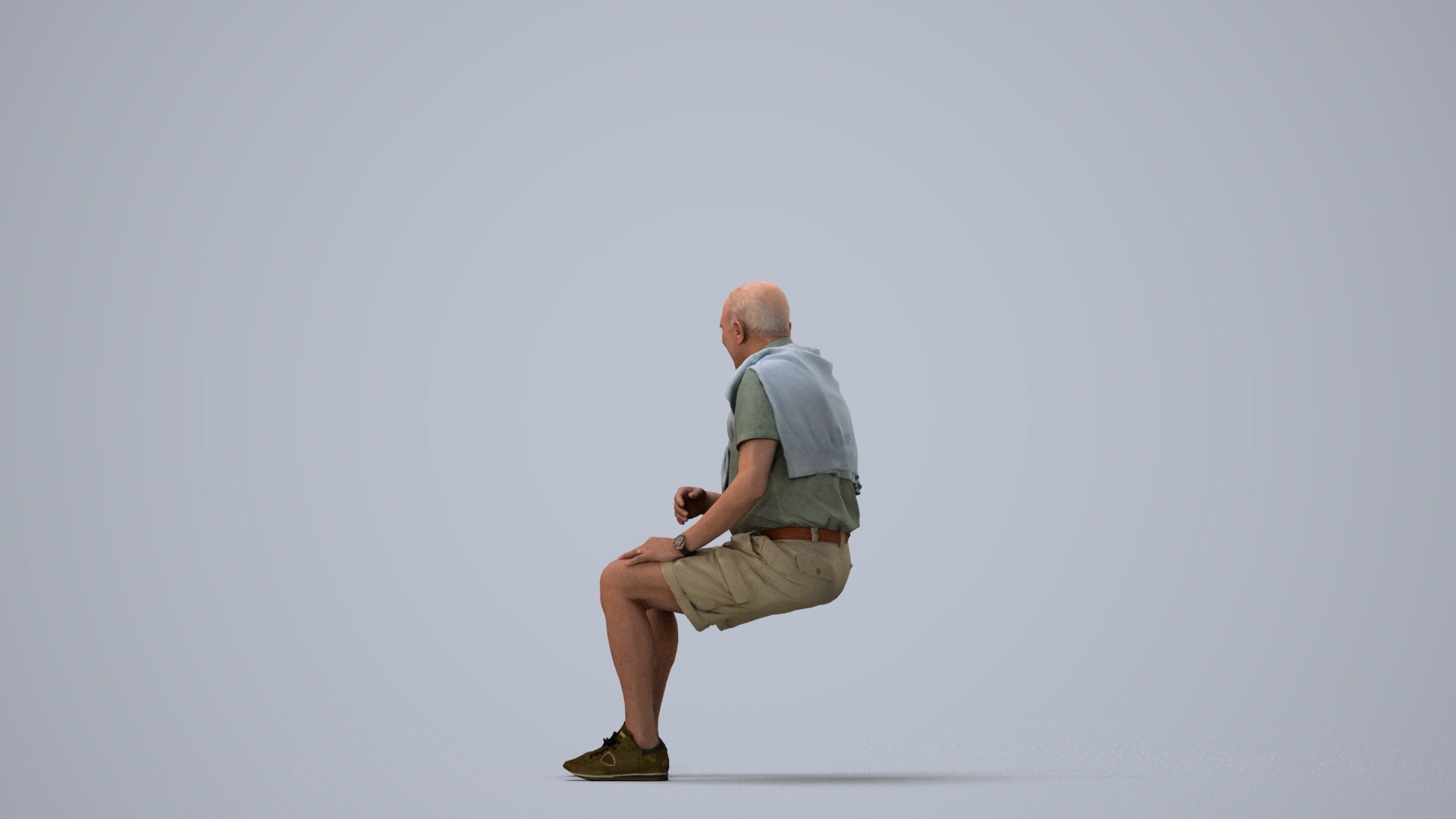 scanned 3D senior man casual sitting, photogrammetry people for Enscape and V-Ray, three-quarter view render