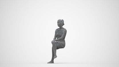 3D scanned woman sitting casual, photorealistic archviz people for Enscape and SketchUp, wireframe back view