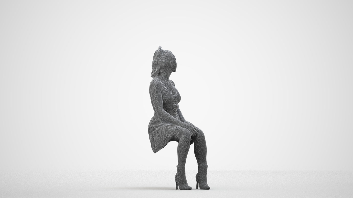 scanned 3D woman casual sitting, photogrammetry people for Enscape and V-Ray, wireframe side view