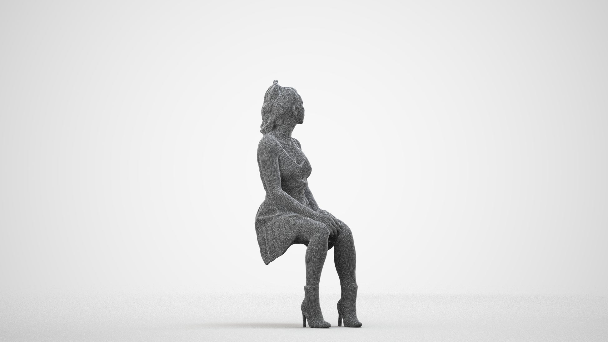 scanned 3D woman casual sitting, photogrammetry people for Enscape and V-Ray, wireframe side view