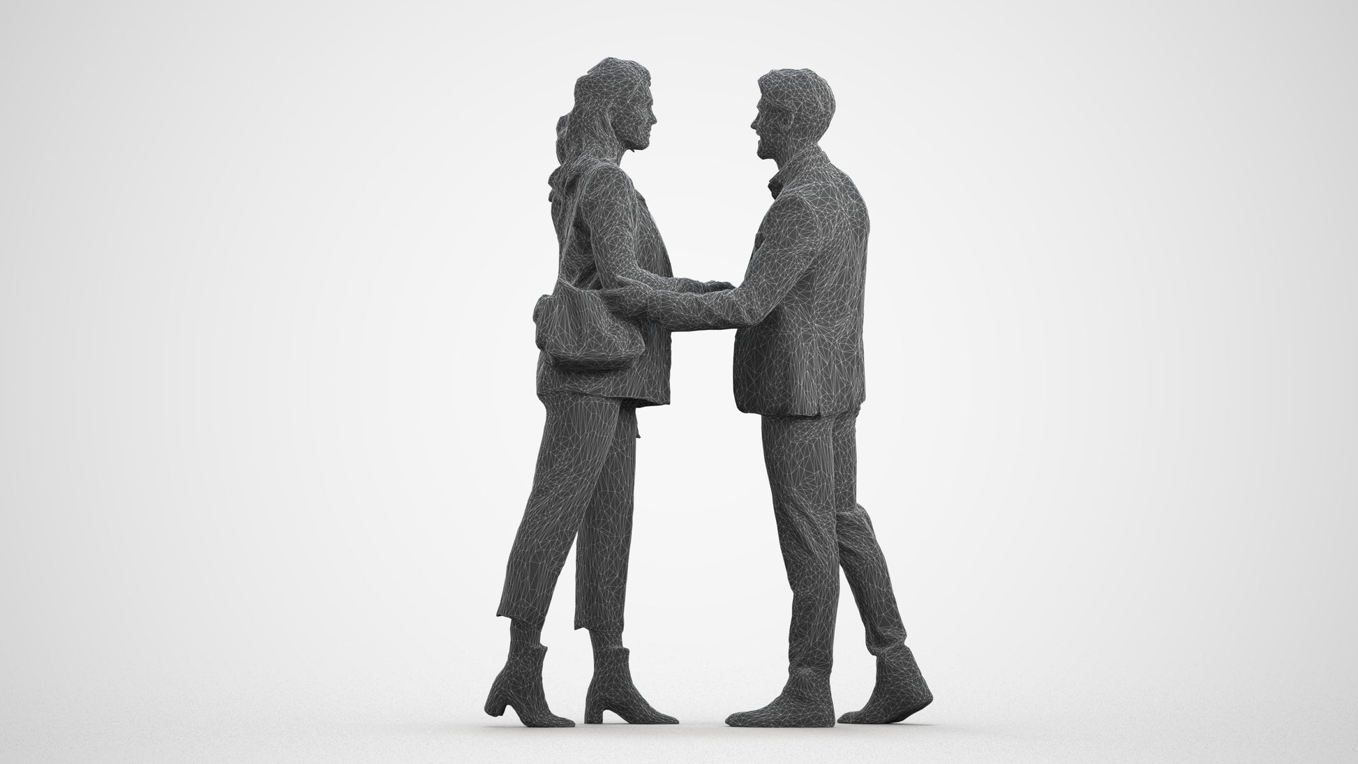 3D human model woman business, photogrammetry scanned person for archviz, wireframe front view