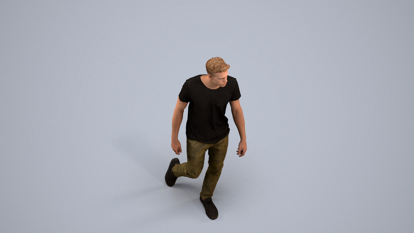 3D human model man casual walking, photogrammetry scanned person for archviz, back view render