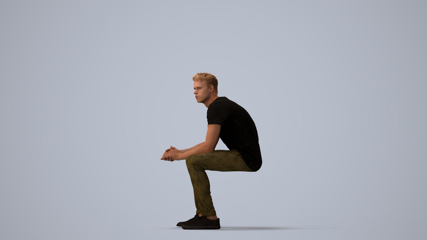 realistic 3D man casual sitting, scanned archviz people for Blender and 3ds Max, three-quarter view render