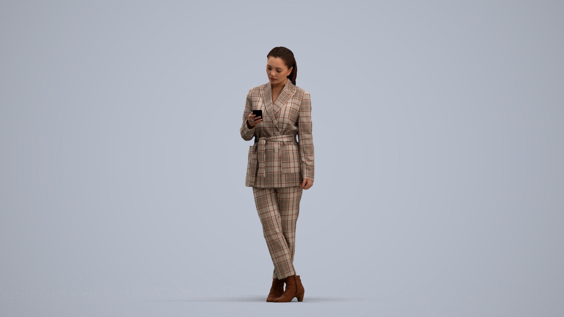 realistic 3D woman business standing, scanned archviz people for Blender and 3ds Max, standing pose render