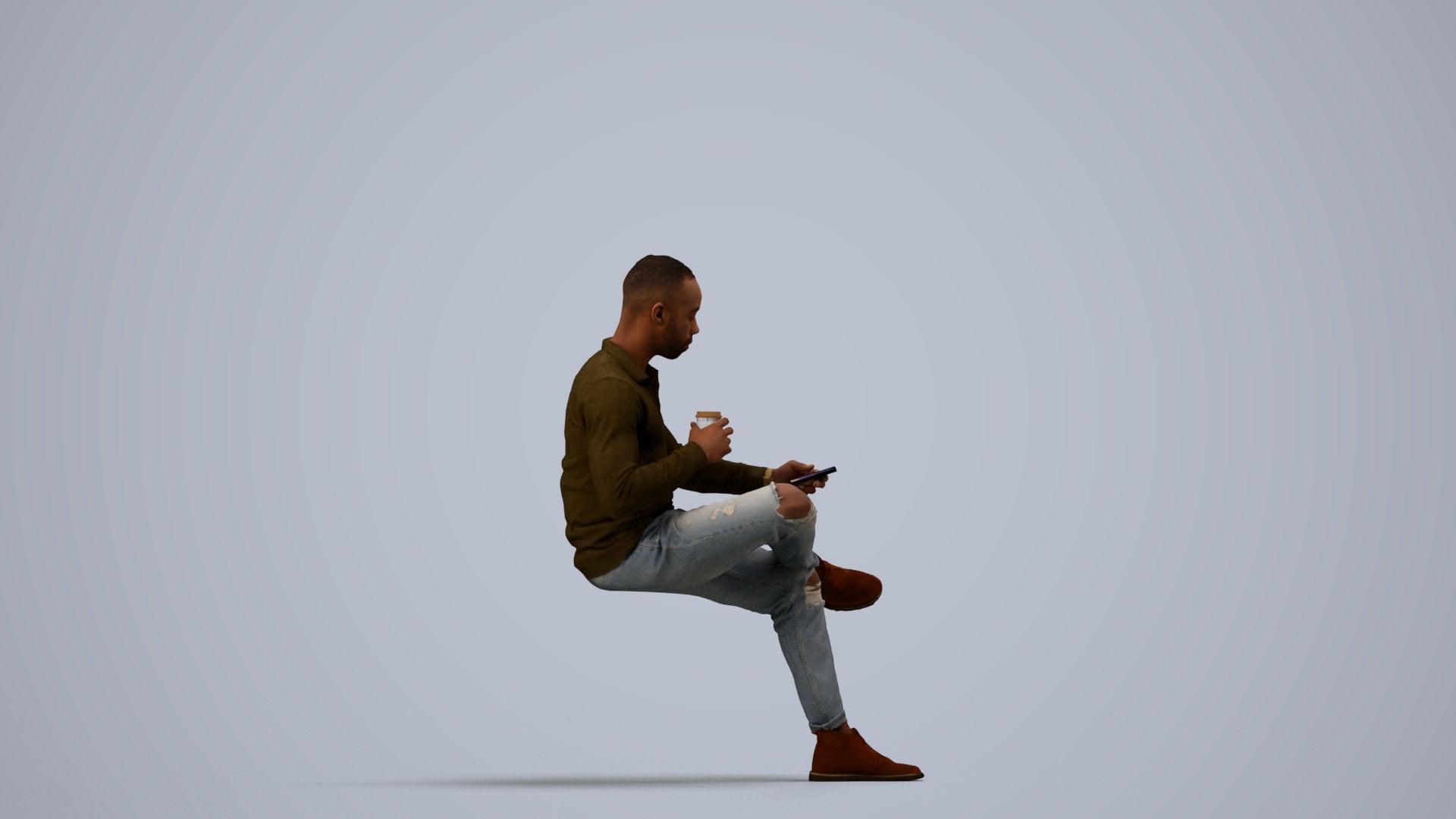 realistic 3D man casual sitting, scanned archviz people for Blender and 3ds Max, side view render